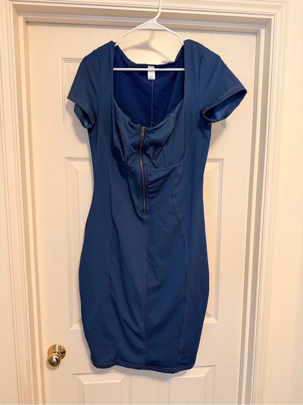 Popilush Blue Zip-Front Short Sleeve Dress